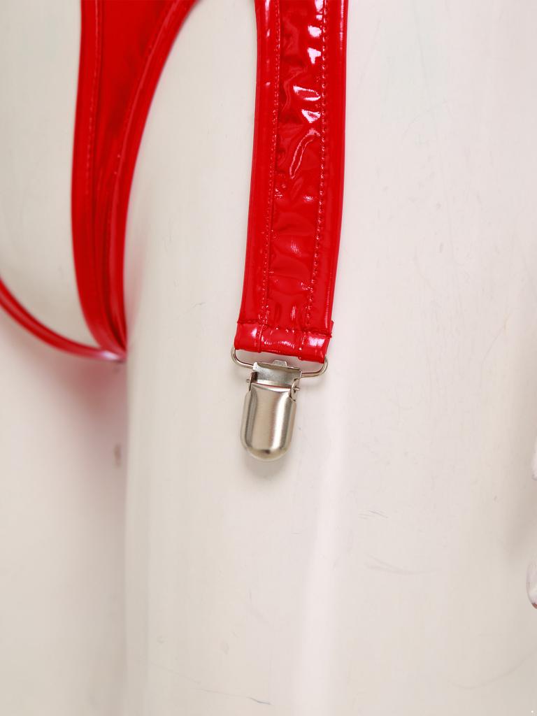 Womens Glossy Patent Leather Bodysuit Mock Neck Sleeveless Hollow Cup Open Crotch Leotard Garter Clips