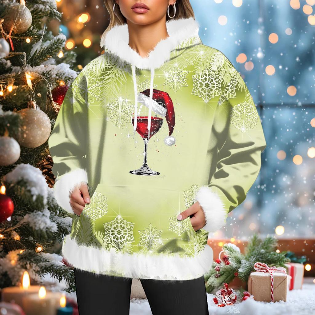 Dámská vánoční ležérní mikina s kapucí podšitá fleecem, s dlouhým rukávem a kapsami