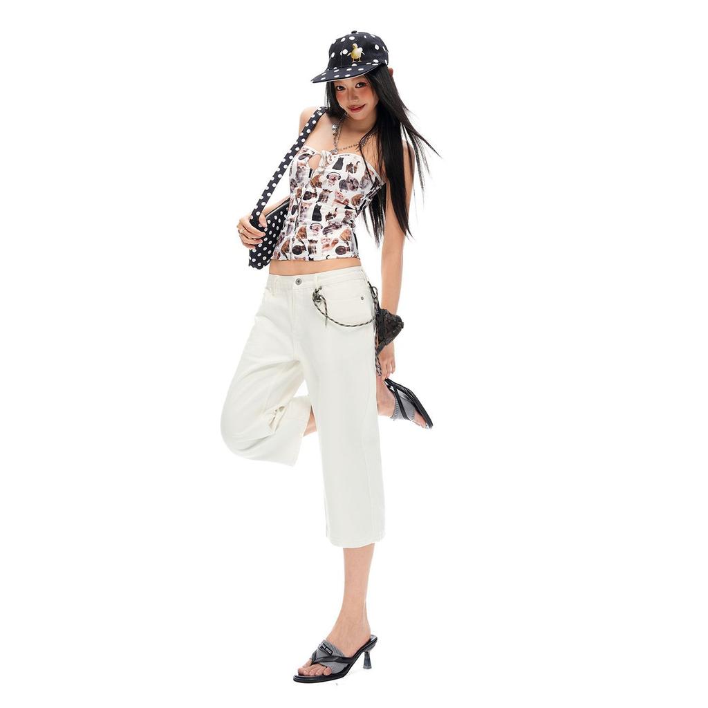 Trendy Summer Low Rise Raw Wash White Denim Cropped Capri Pants For Women Slim Straight Versatile AllMatch Casual Bottoms