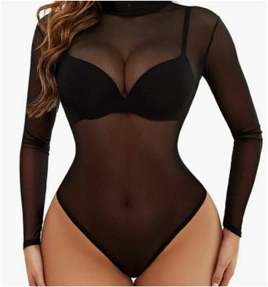 Elegantní průsvitné krajkové body s vysokým výstřihem a dlouhým rukávem