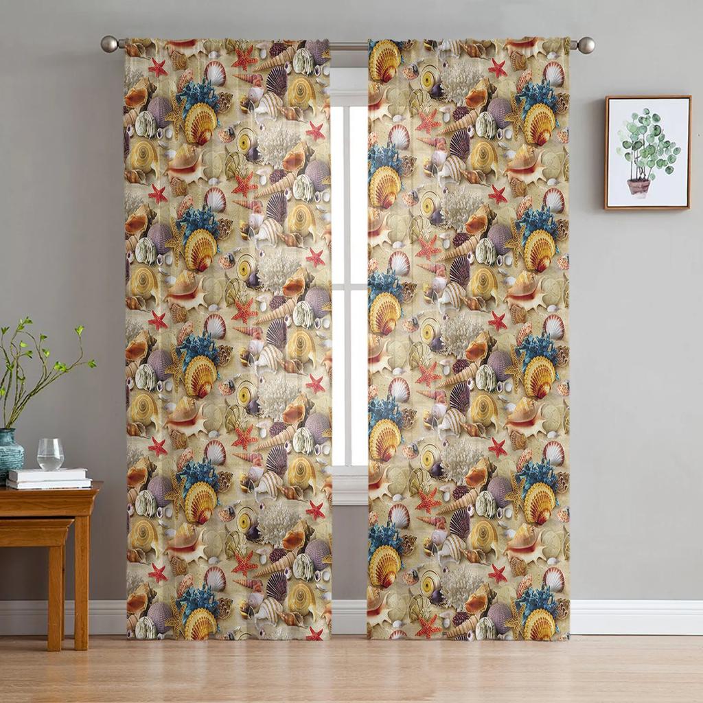 Beach Starfish Shells Leaves Palm Curtains Living Room Bedroom Decor Chiffon Tulle Voile Kitchen Window Curtain Sheer Made Of Polyester Treatment