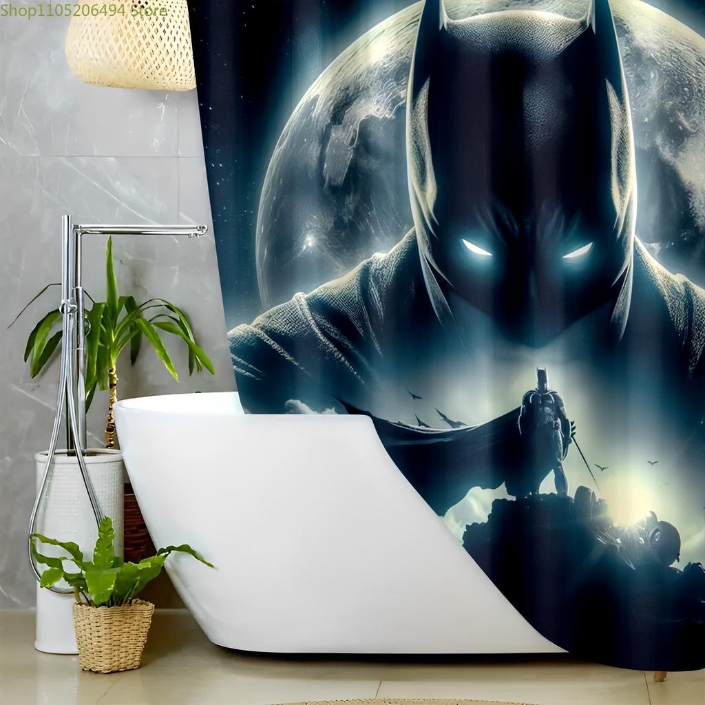 Warner Bros. Batman Full Night Shower Curtain, Superhero Bathroom Decoration, Fabric Bath Curtain Set with Hooks, Unique Valen