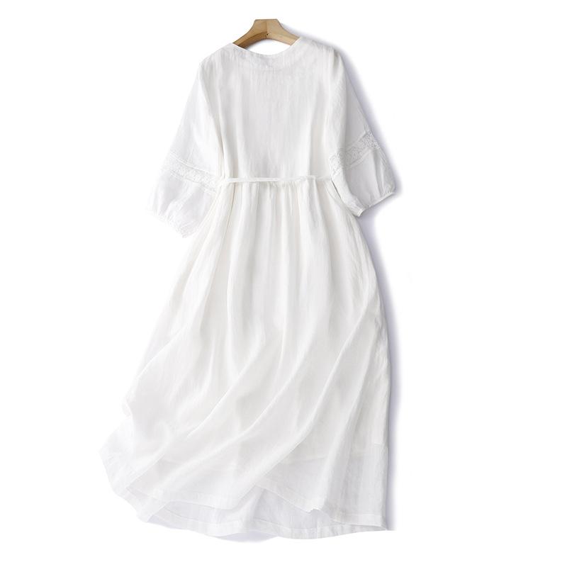 2025 Summer New High-end White Embroidered Dress for Women, Thin Round Neck Five-quarter Sleeve Big Swing Dress