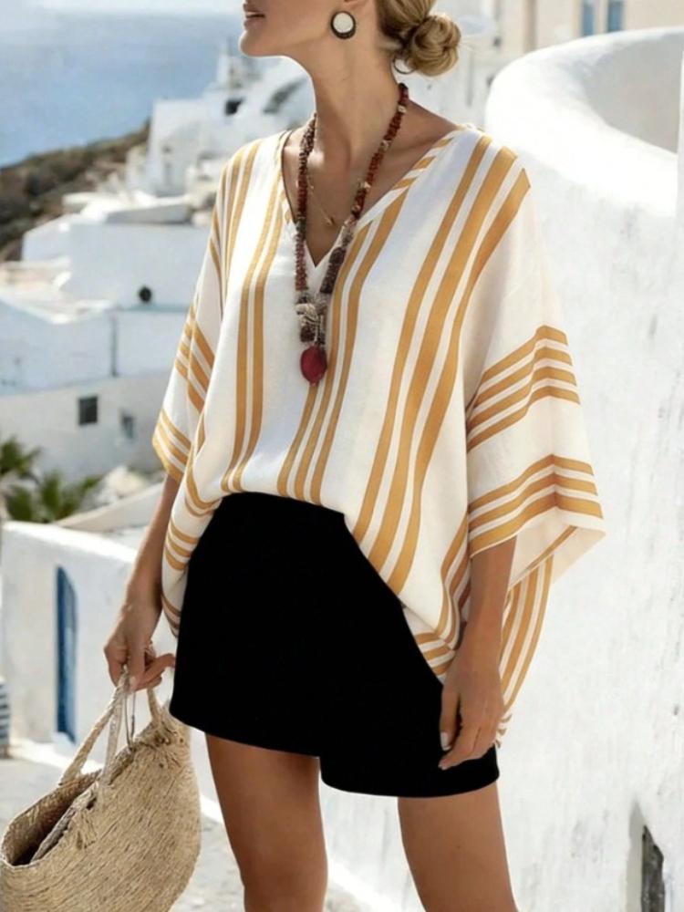 Women's Casual Holiday Striped Print V-Neck Low-Shoulder Short Sleeve Loose Top Striped Shirt