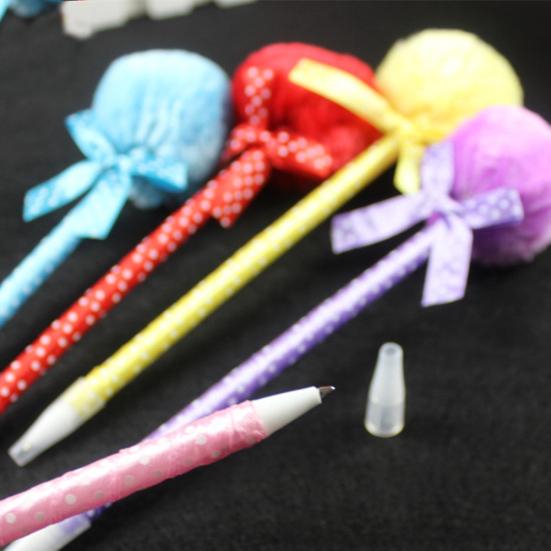 Cute Plush Faux Fur Pom Pom Bowknot Polka Dot Ballpoint Pen Student Stationery