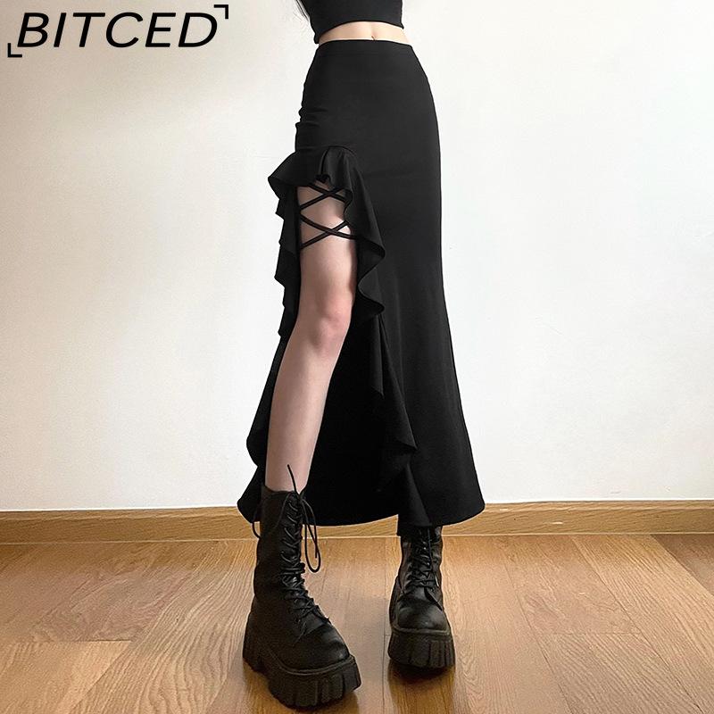 BITCED Summer Women's Solid-Color Slim-Fit Streetwear High-Waisted Bodycon Split Skirt