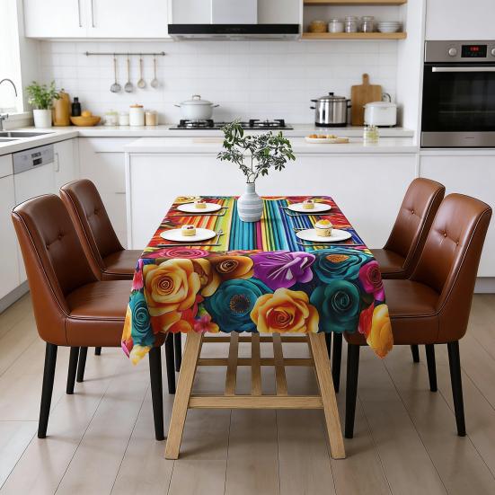 Mexikanische Blumige Tischdecke Rechteckig Volkskunst Muster Tischdecke mit Zackensaum Bunte Blumen Tischabdeckung für Esstisch Party Dekoration