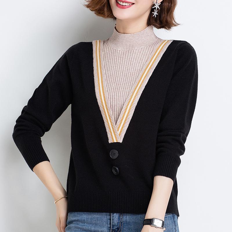 Women Autumn Winter Fashion Pullovers Long Sleeve Half Turtleneck Splicing Fake Two Contrasting Colors Loose Vintage Sweaters
