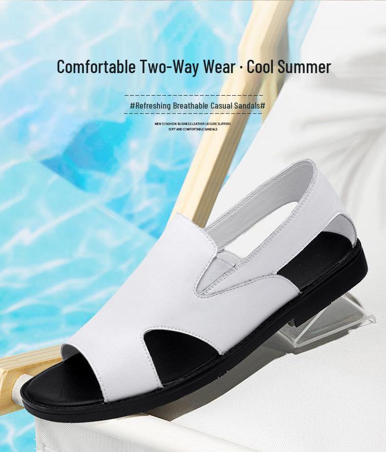 Men's Breathable Leather Sandals: Summer Hollow Casual, Soft Sole, Non-Slip, Outdoor Flip-Flops.