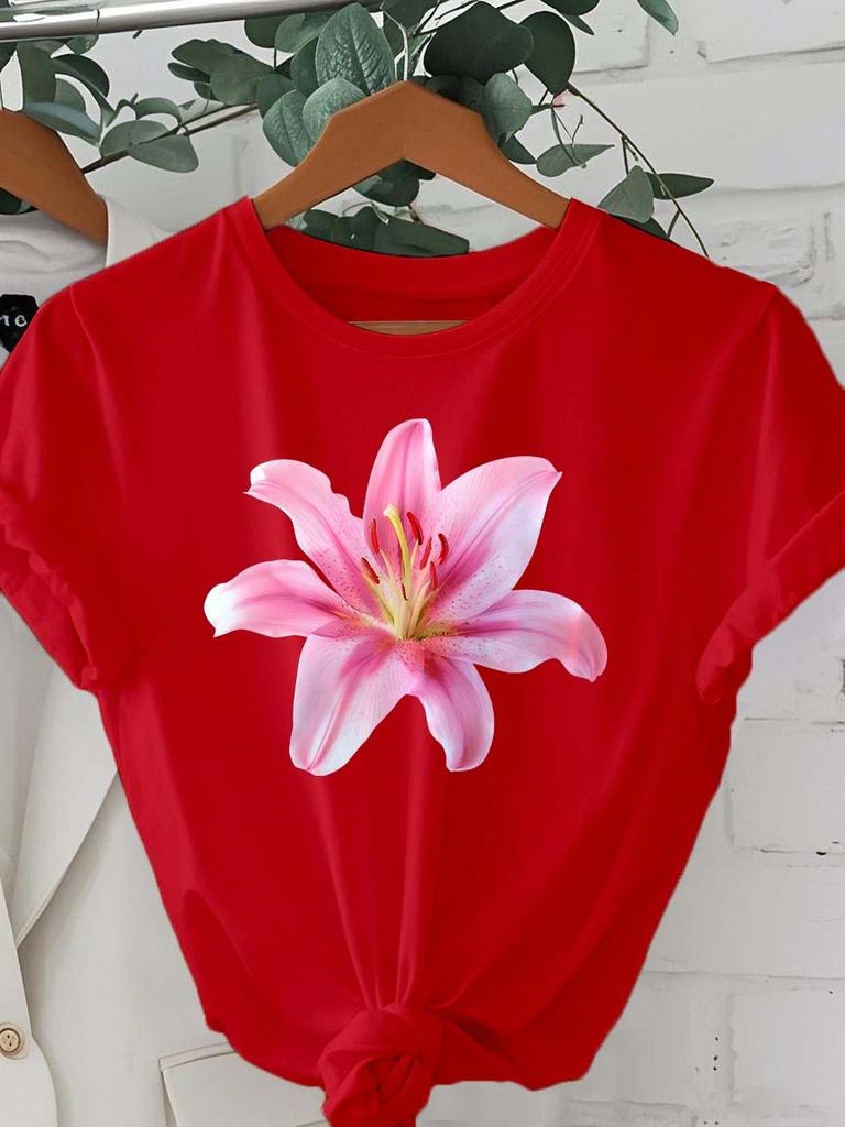 Elegant Lily Flower Graphic Printed Artistic Design Fashion Women Comfortable T-Shirt Summer Casual Fashion Short Sleeve Clothes