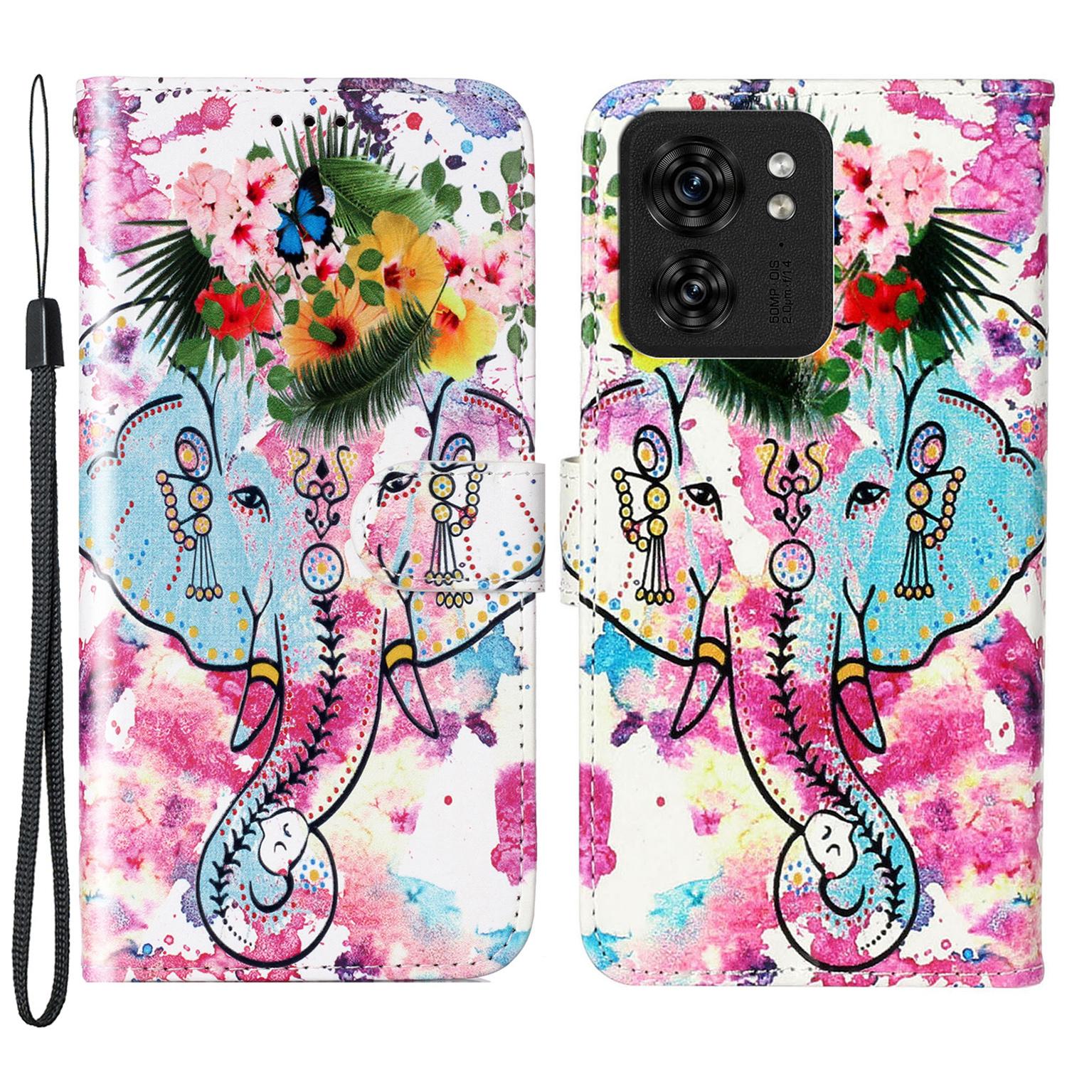 

For Motorola Edge 40 5G Cell Phone Case Leather Pattern Printed Flip Stand Cover Flower Elephant