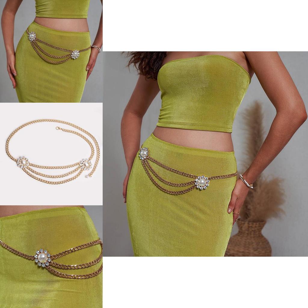 Sophisticated Artificial Pearl Flower Metal Waist Chain For Women Gift For Women