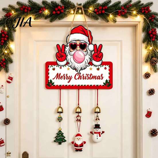 Indoor Holiday Party Supplies Merry Christmas Wooden Wall Door Hanging Sign with Bells, Rustic Santa Snowman Decor Tree Reindeer Decorative