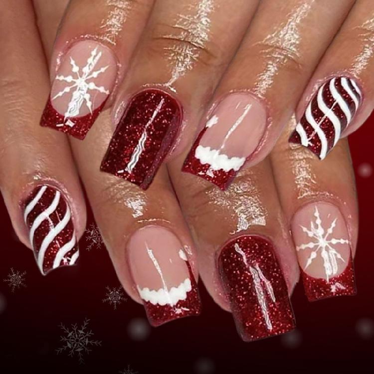 

24Pcs Glitterys Christmas French Fake Nail Striped Holiday Design Short Press On Nail NoGlue Needed For Sensitive Skin 1