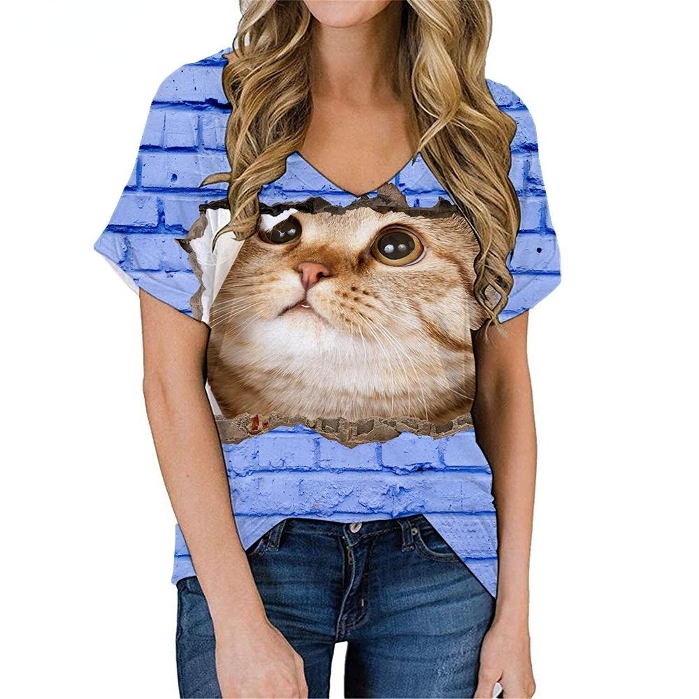 Fashion Spring  Kitten Print Blouses Short Sleeved V-Neck T Shirts Casual