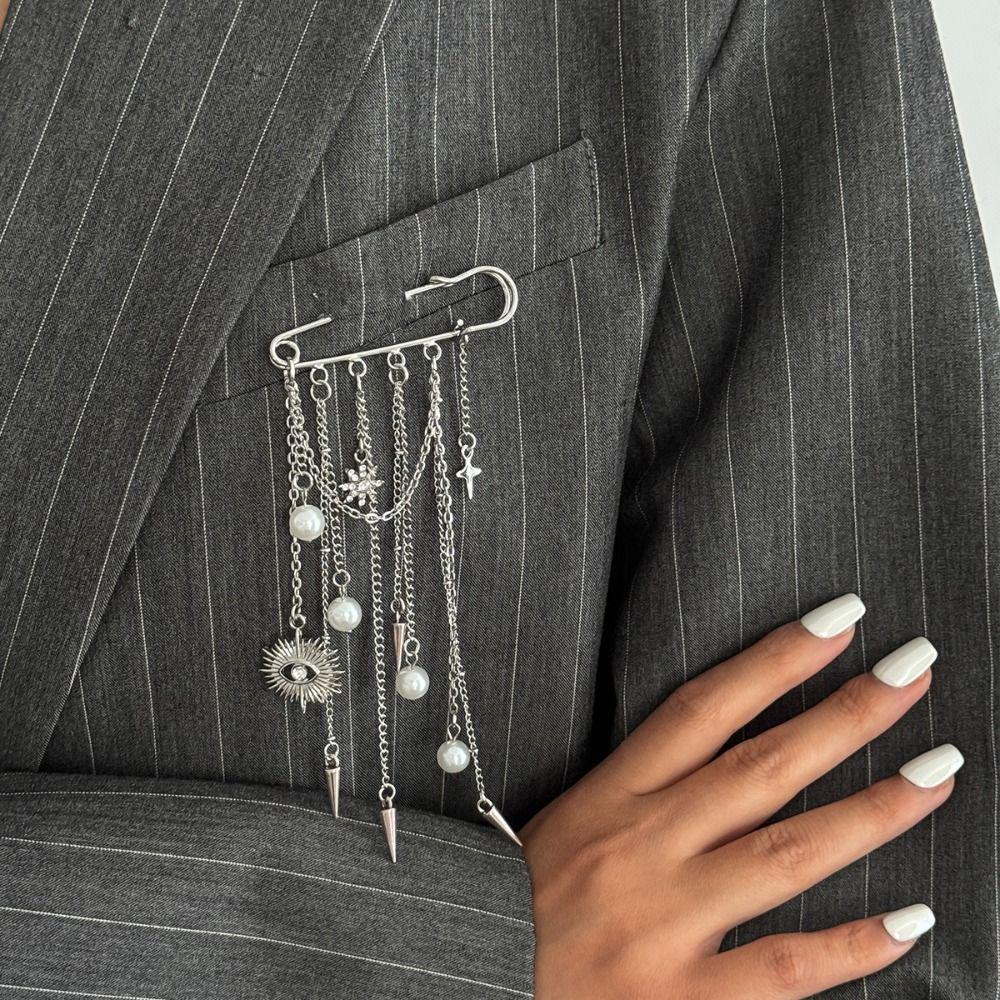 Exaggerated Design Metal Chain Pendant Faux Pearl Adjustable Length Charm Trousers Pins Pentagram Shape Octagonal Star