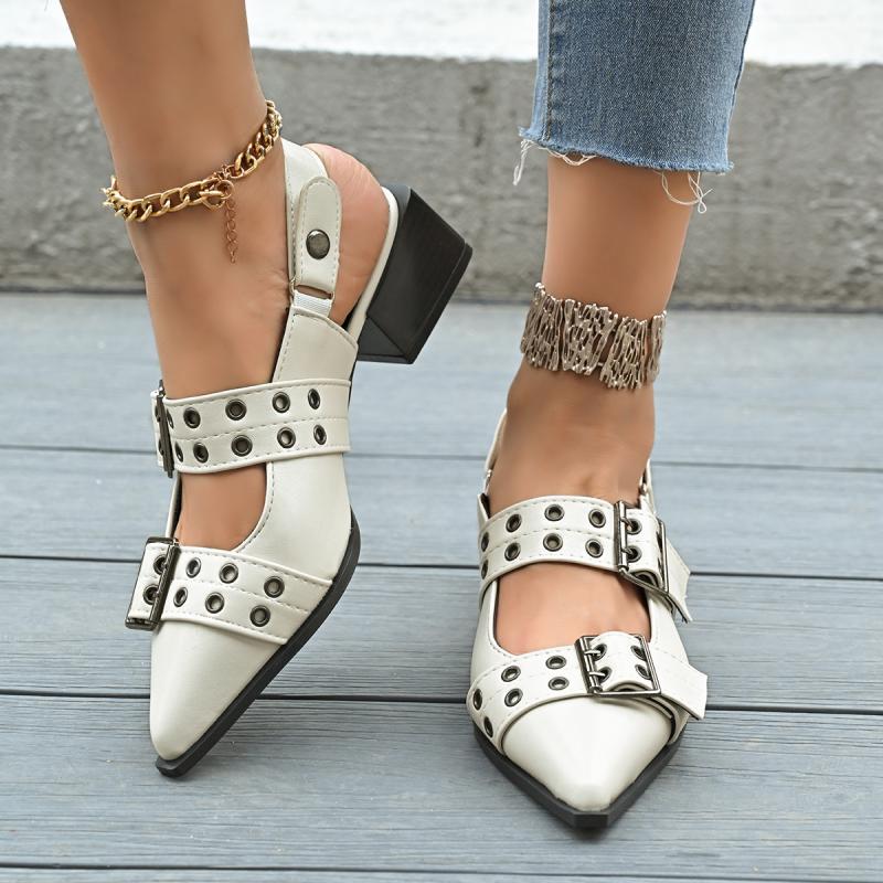 Fashion Punk Metal Buckle Decoration Sandals Women Neutral Pointed Toe Back Trap Shoes Women Brand Design Square Medium Heels Sandals