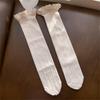 Women Winter Fall Vertical Striped Ribbed Knit Long Socks Japanese JK Sweet Frilly Ruffle Lace Trim Knee High Stockings