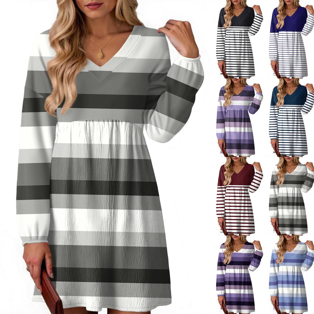 Women's Fashion Striped V-Neck Long Sleeve Dress