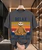 2026 New Cotton Tshirt Retro Gradient Stripe Sitting Sloth Relax Fun English Print Lazy Style Unisex Top