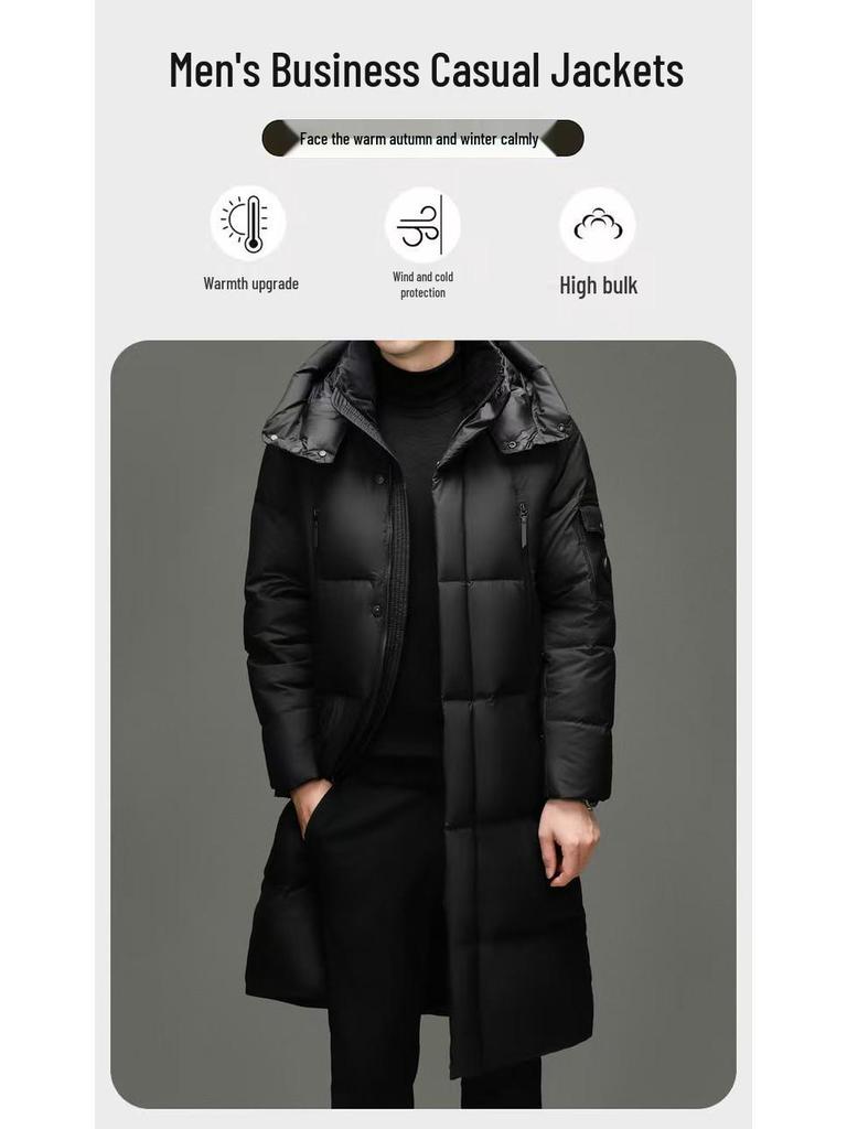 Brand 2025 Men's Winter Hooded Over-the-Knee Long Down Jacket with Fleece Lining