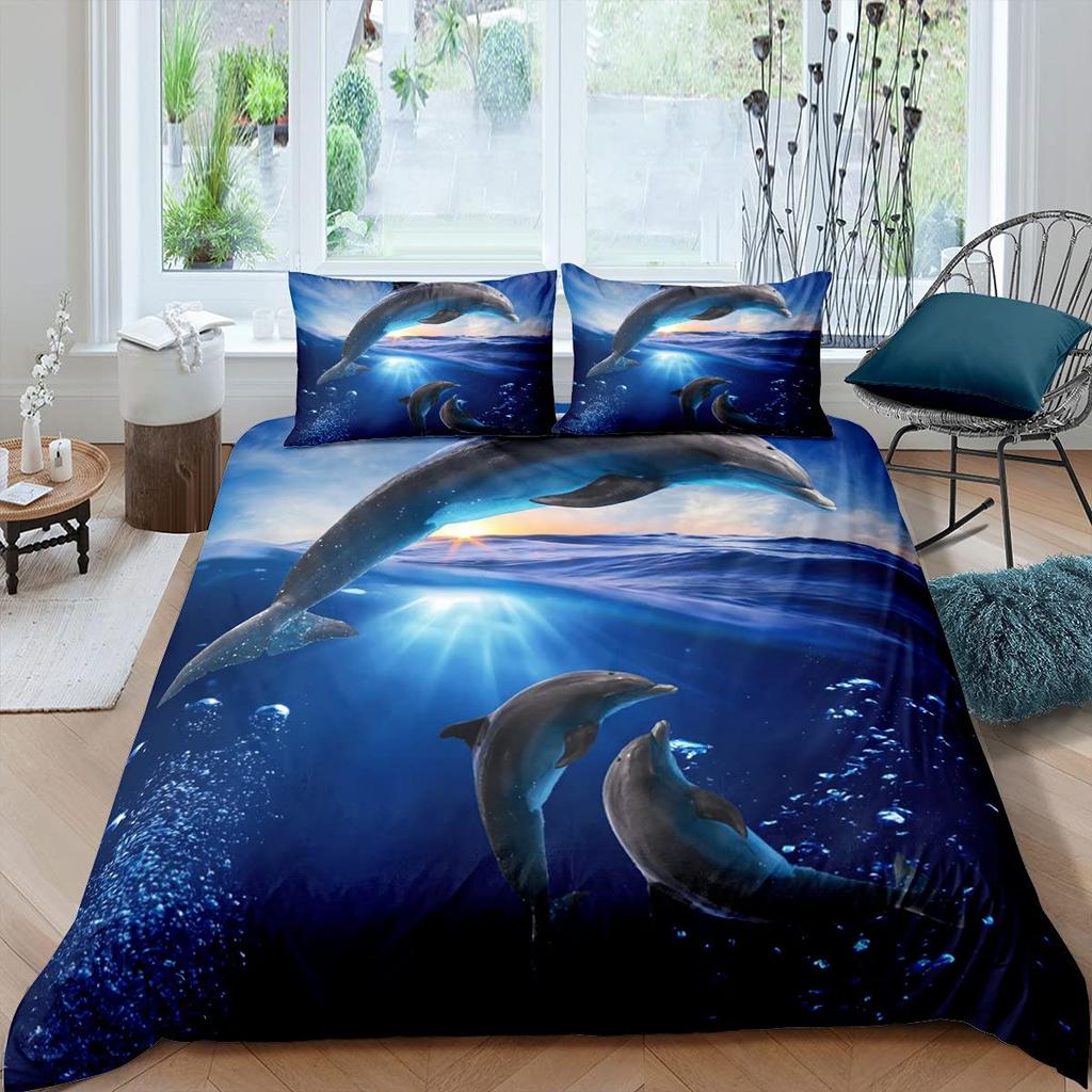 Kid Dolphin Duvet Cover Set King Size Cute Dolphin Marine Life Comforter Cover Microfiber Blue Wave Decor Quilt Cover For Teens