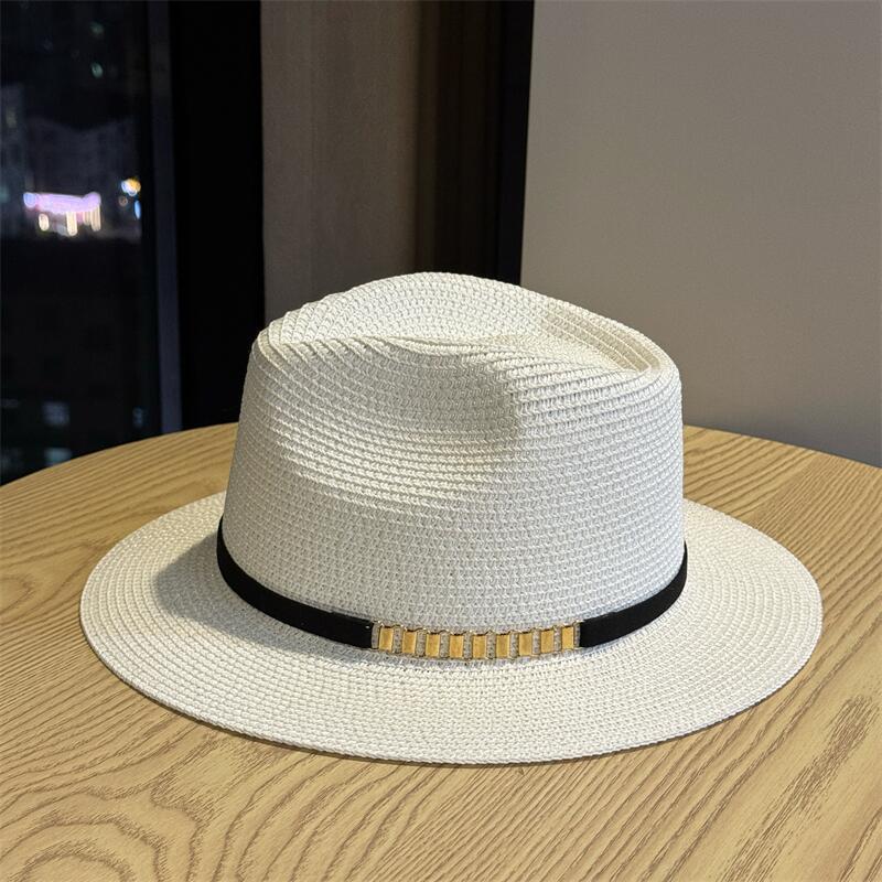 New Sun Protection Hat with Sunshade, Belt Buckle, Flat-top Hat, Outdoor Beach Outing Straw Hat, Women's Summer Versatile Trendy Hat