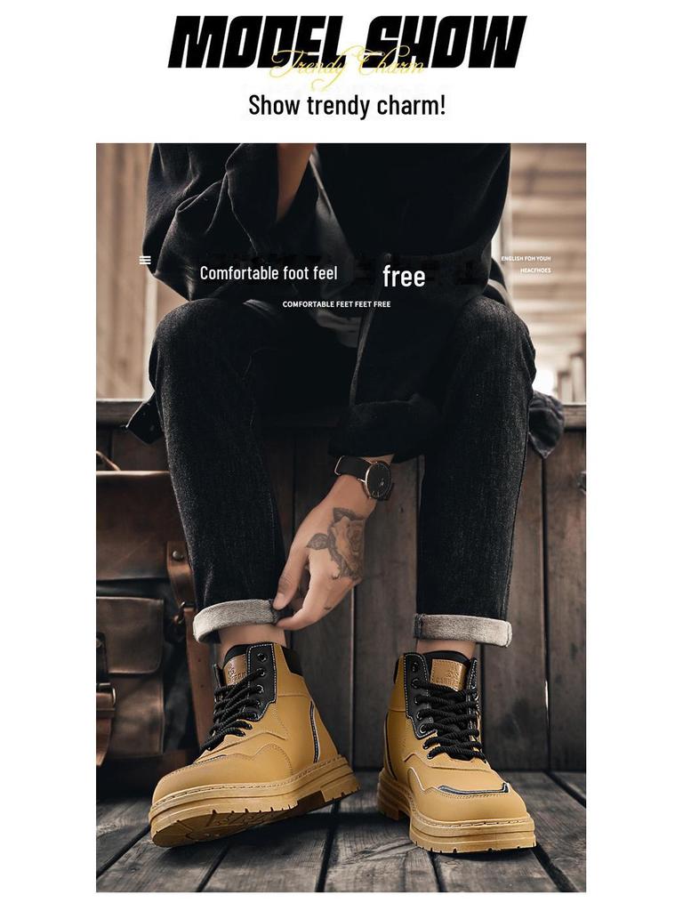 Men's Autumn British Style High-Top Yellow Martin Boots - All-Match Korean Version with Thick Soles.