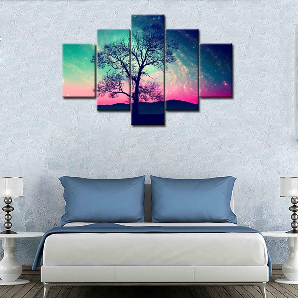

5 шт., свежий цвет, красный инопланетный пейзаж с одиноким деревом над ночным небом и звездами, масло, 5 шт., картины, настенное искусство, холст