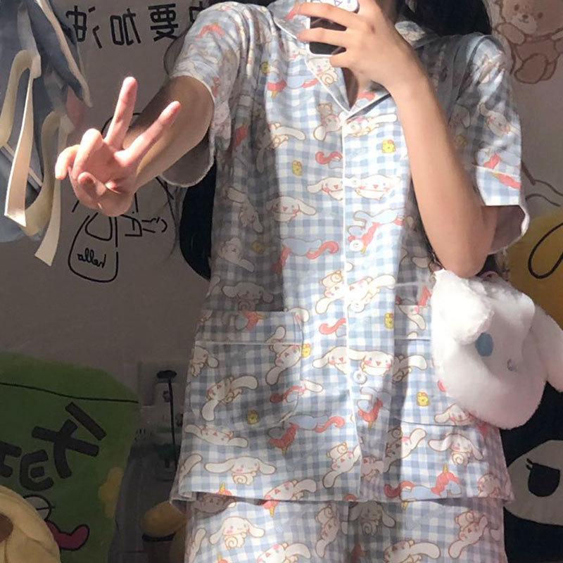 Cute Melody pajamas women's Japanese sweet cartoon style loungewear age-reducing girls cardigan short-sleeved set