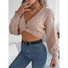 Autumn/winter Sexy Casual Knotted V-neck Lantern Sleeve Crop Sweater