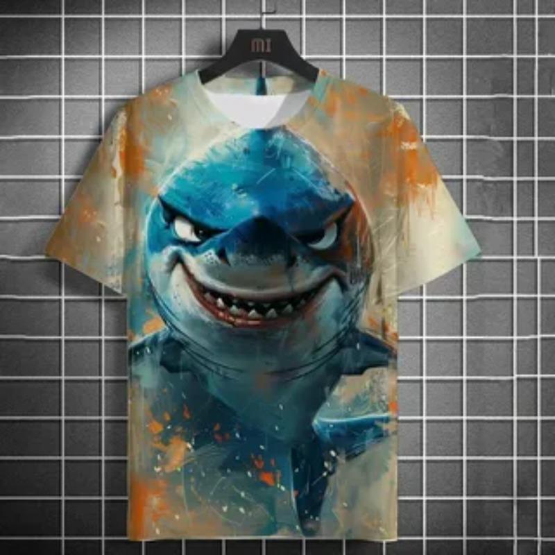 Summer Horror Great White Short Sleeve Fun 3D Colorful Printed Men's T-shirt Plus Size Loose Everyday Casual Comfortable Round-neck T-shirt