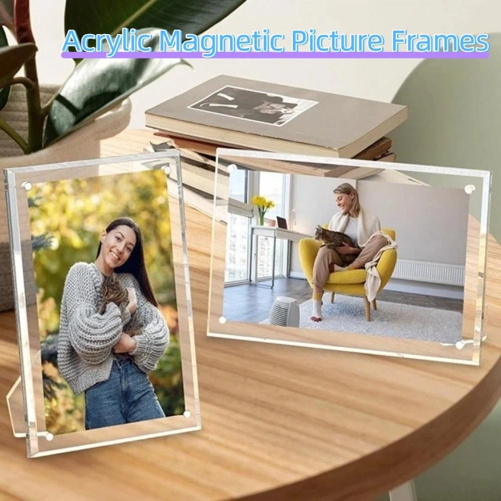 Transparent Acrylic Magnetic Picture Frames Minimalist with Stand Acrylic Sign Holder No-drill Rectangle Clear Photo Frame