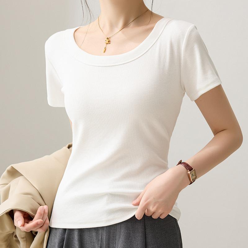 

Solid Color Right Shoulder Round Neck Short Sleeve New Summer Outerwear Versatile Slim Cotton Bottoming Top S белый