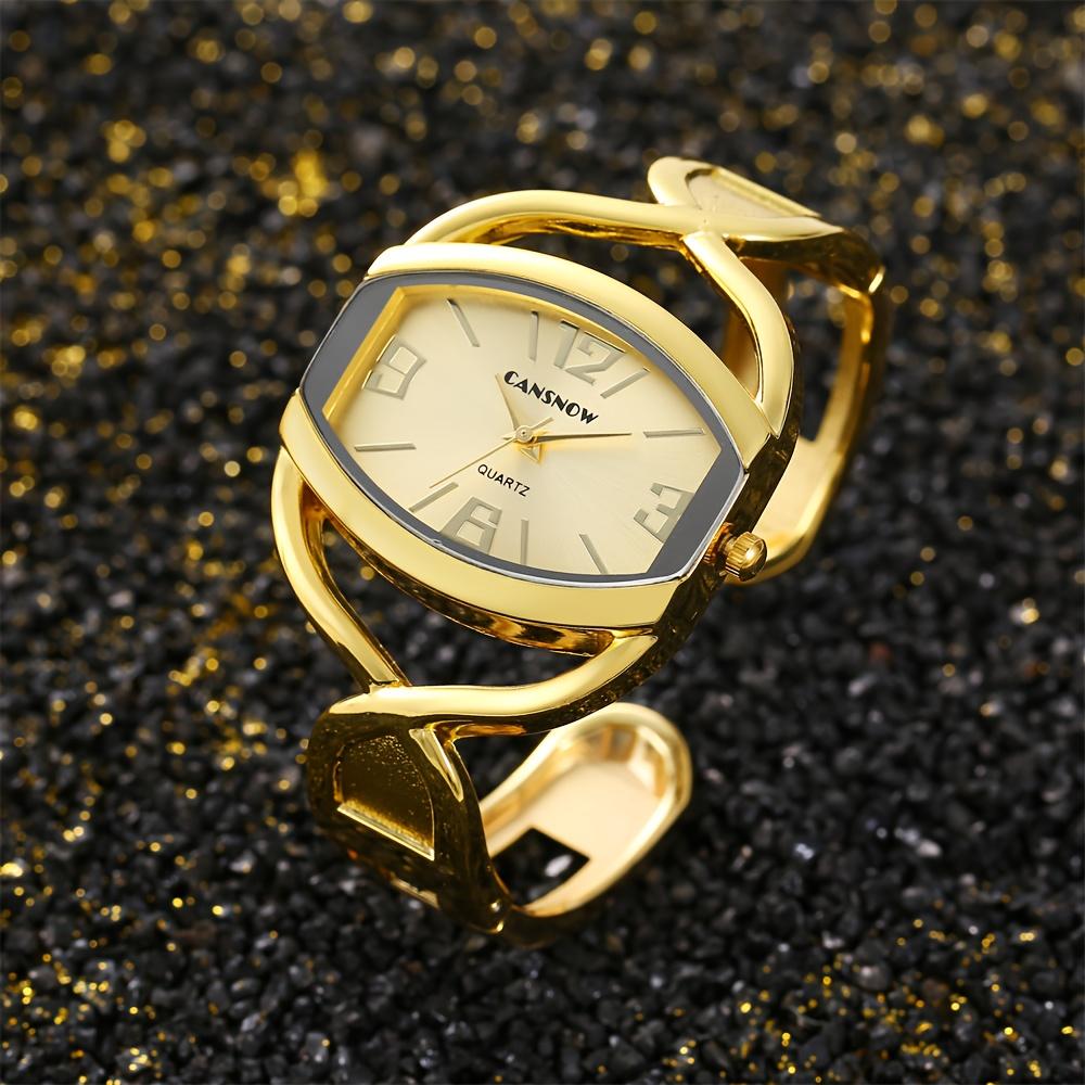 Luxury Golden-Tone Women'S Quartz Wristwatch Elegant White Dial & Golden Hands, Oval Case, Alloy Strap, Perfect Gift For Women
