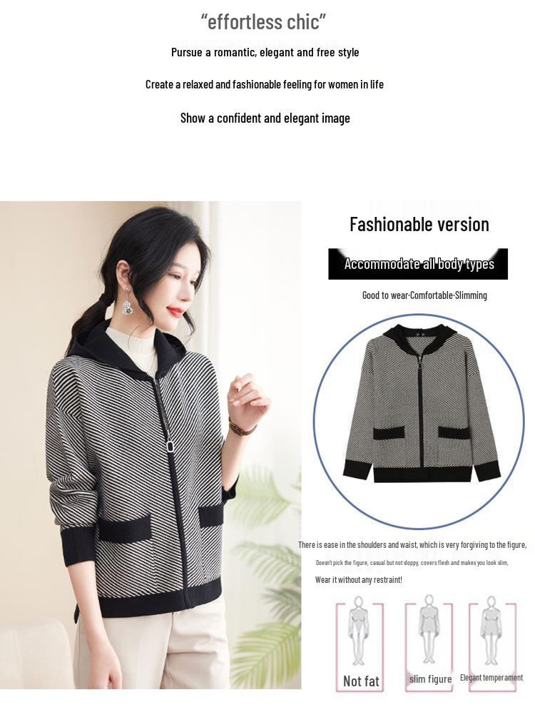 Stylish Autumn Hooded Cardigan for Middle-Aged Women – Age-Defying Knit Sweater Set for Spring and Fall