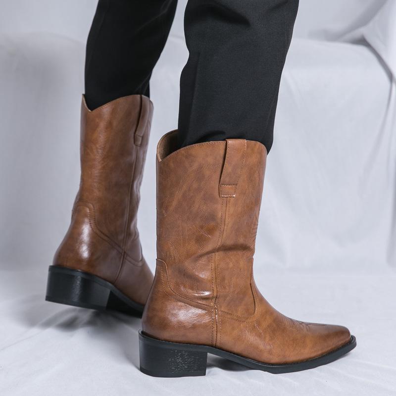 New 22 Seasons European and American Western Cowboy Boots Wooden Root Embroidered Mid-Leg Leg Boots Knight Pointed Leather Boots