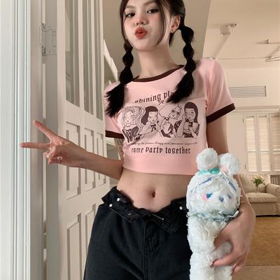 T-shirt estiva stampata retrò americana per donna a contrasto girocollo ombelico scoperto ragazza hot slim top a maniche corte corte per donna
