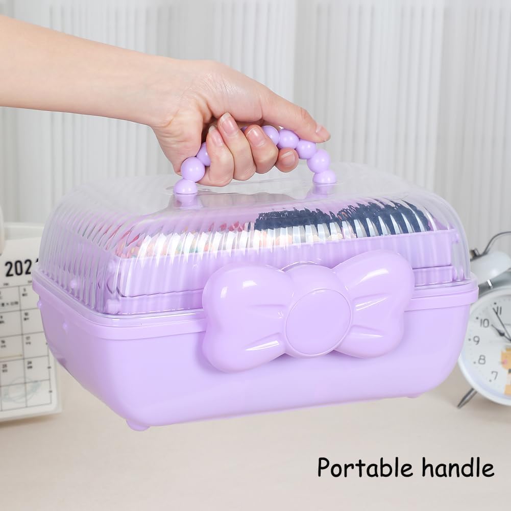Girls Hair Accessories Collator Three-layer Folding Plastic Jewelry Box with Lock (Purple)