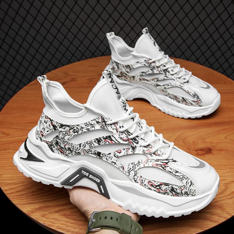 Spring new Hong Kong style ins dad shoes men's teenagers thick-soled heightening graffiti sports men's shoes