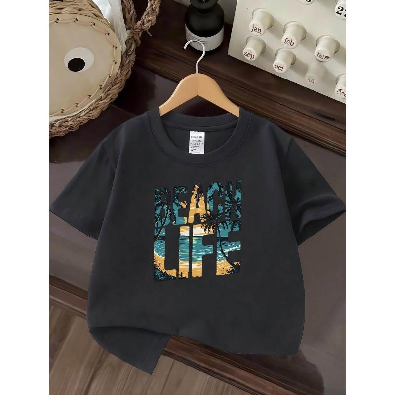 Boys Tropical Sunset Palm Tree Beach Print Soft Breathable Cotton Short Sleeve T-Shirt for Daily Outdoor Sports