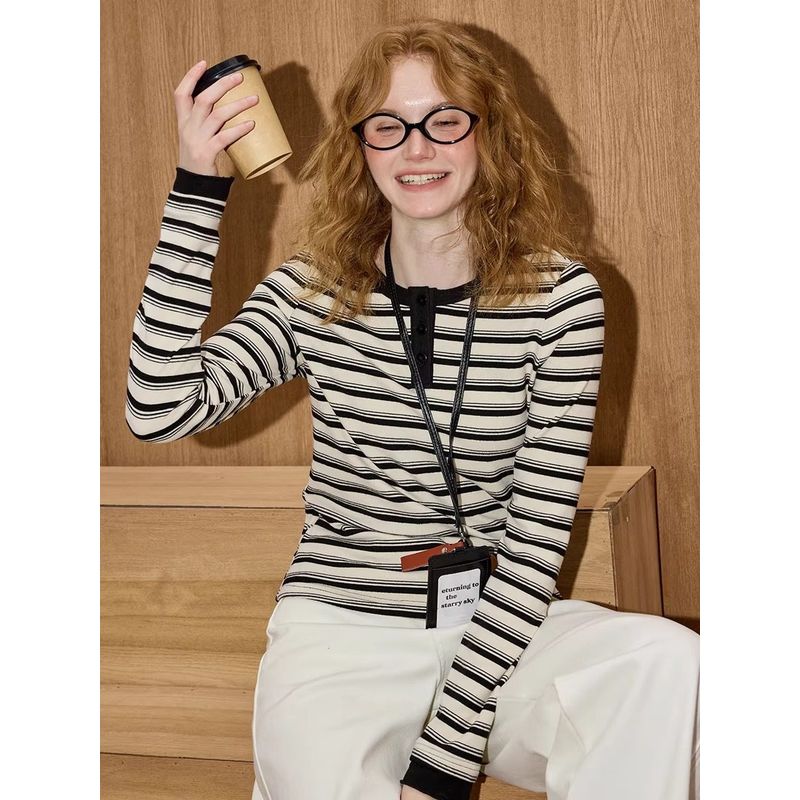 Coolhut Retro Striped Slim Fit Sweater Round Neck Long Sleeve Winter New Women's Base Shirt