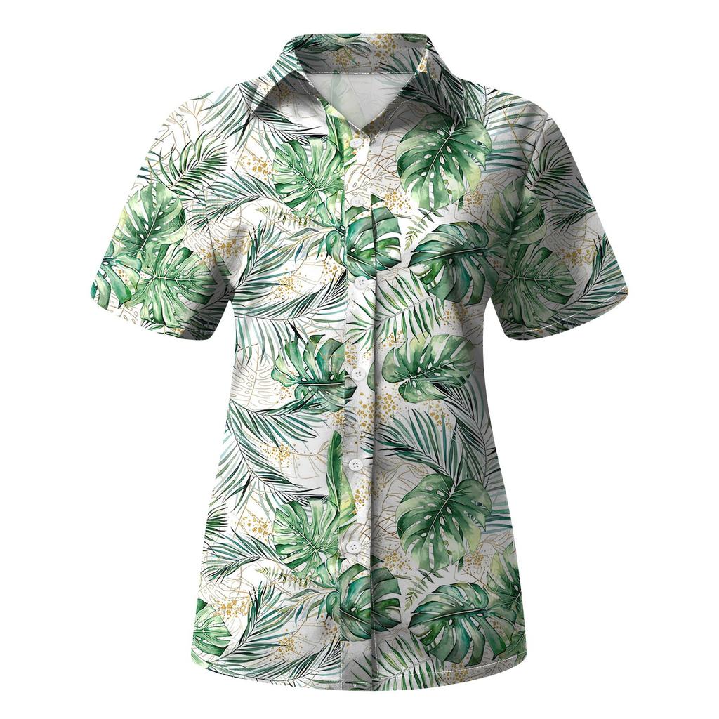 Women's Fashion Casual Hawaiian Printed Short Sleeve Buttoned Lapel Blouse Top