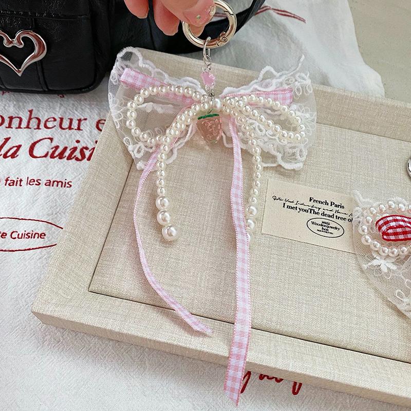 Sweet Lace Pearl Bow Keychain Pendant Car Keychain For Women Girls  Exquisite Backpack Decoration Accessories Gifts
