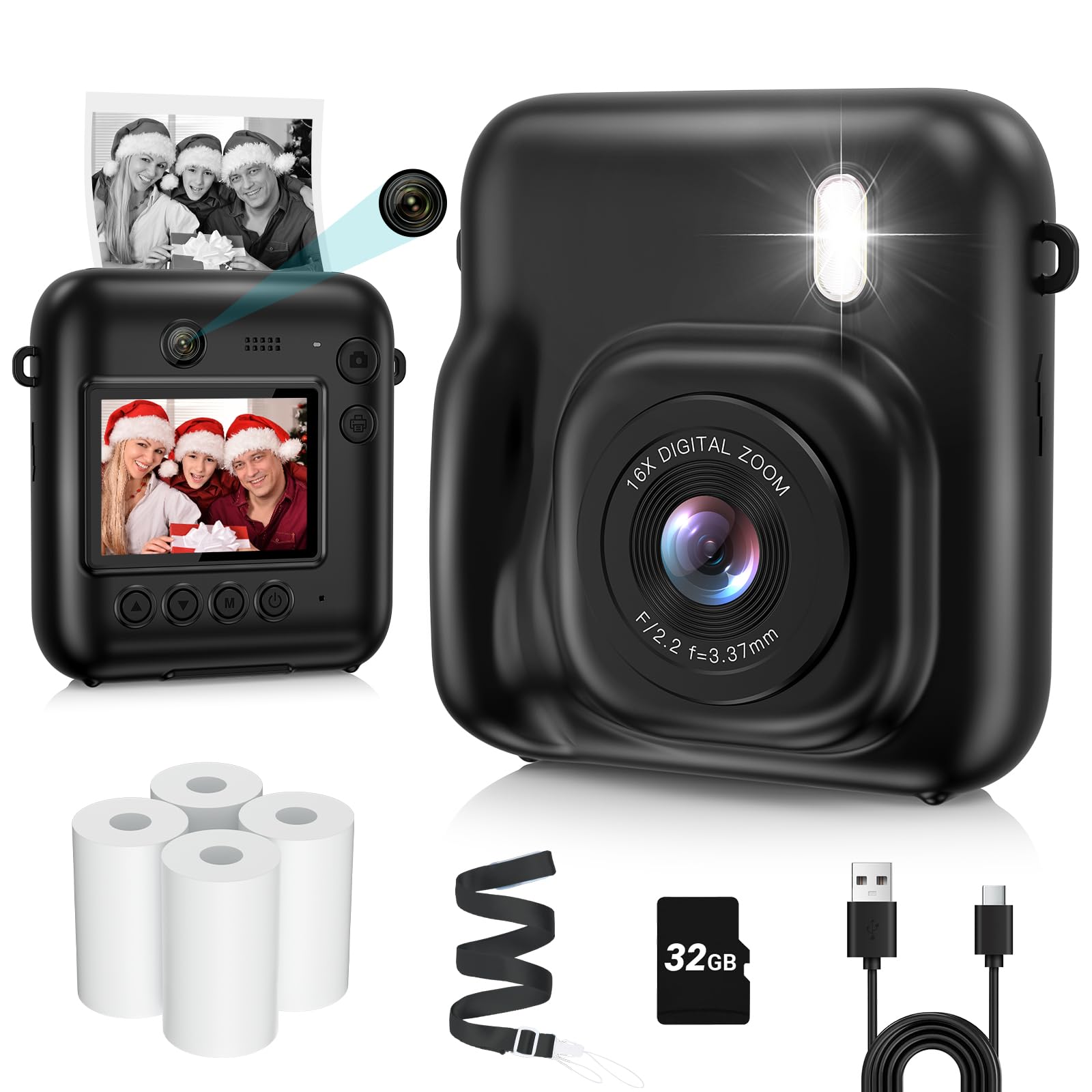 

Print Toy Camera with Thermal 1080P 32GB Memory USB Dual Printing Ages Girls and New Japanese Instruction Black Kids Camera, Paper, 48MP, Video,