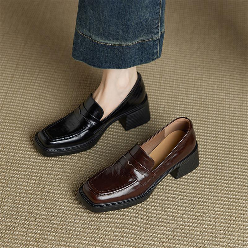 Fashion New Spring/autumn Genuine Leather Women Shoes Square Toe Loafers Shoes for Women Fashion Retro Chunky High Heels Women Pumps