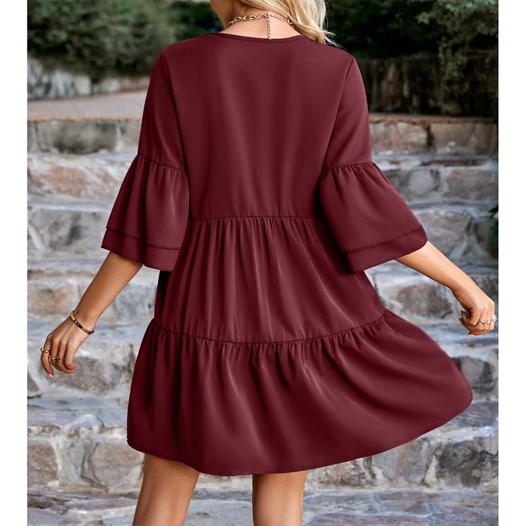 Women's  Fashion Summer Solid Color V-Neck Loose Short Sleeve Casual Dress