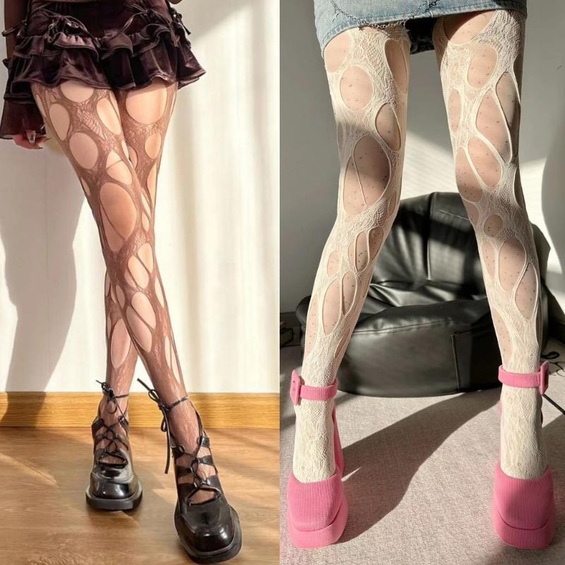 Women Goth Sexy See Through Fishnet Tights Stockings Hollowed Out Irregular Distressed Hole Sheer Mesh Pantyhose