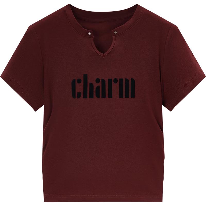 Women s Slim Fit Letter Print V-Neck Short Sleeve T-Shirt XL темно-красного