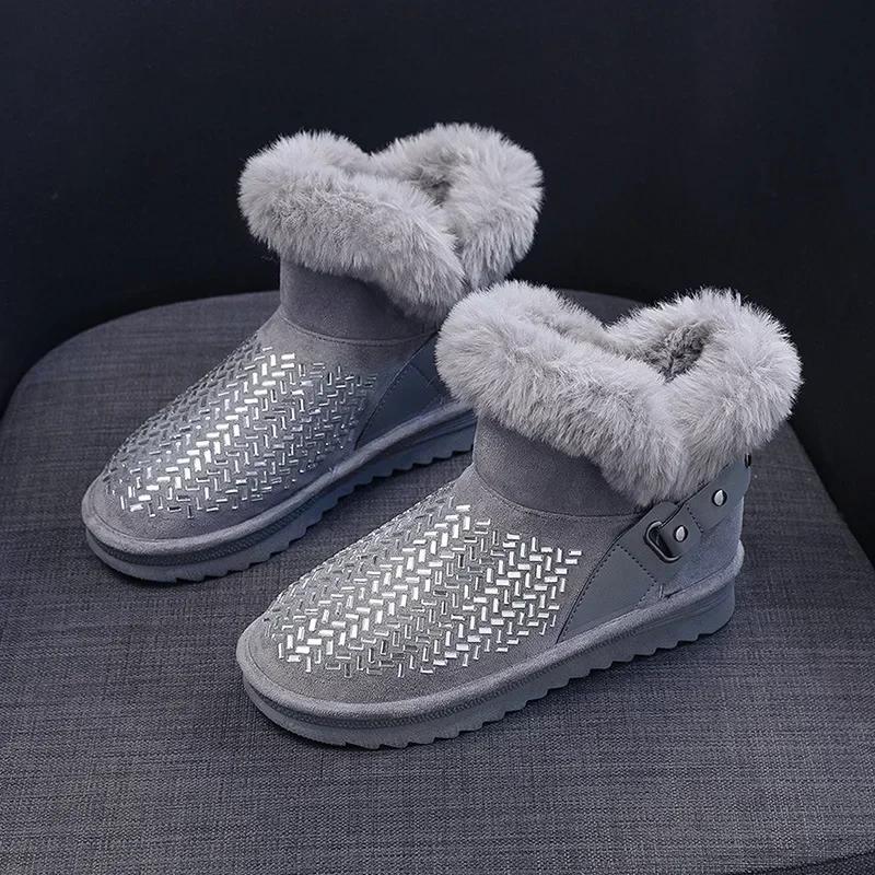 Fashion Rhinestone Women's Booties Snow Boots Elegant With Medium Heels High Quality Ankle Shoes for Woman Spring 2024 Protective Plush